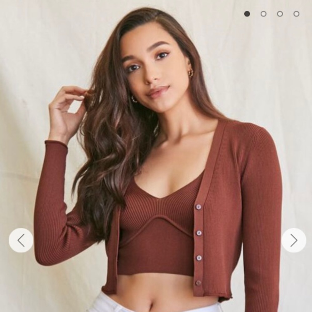 Forever 21, Ribbed Semi-Cropped Cardigan Sweater, Brown, Size Small